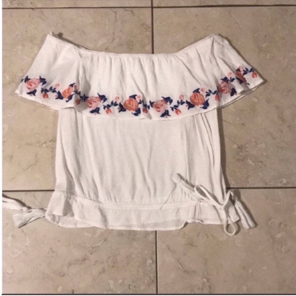 White Off-Shoulder Top with Floral Embroidery